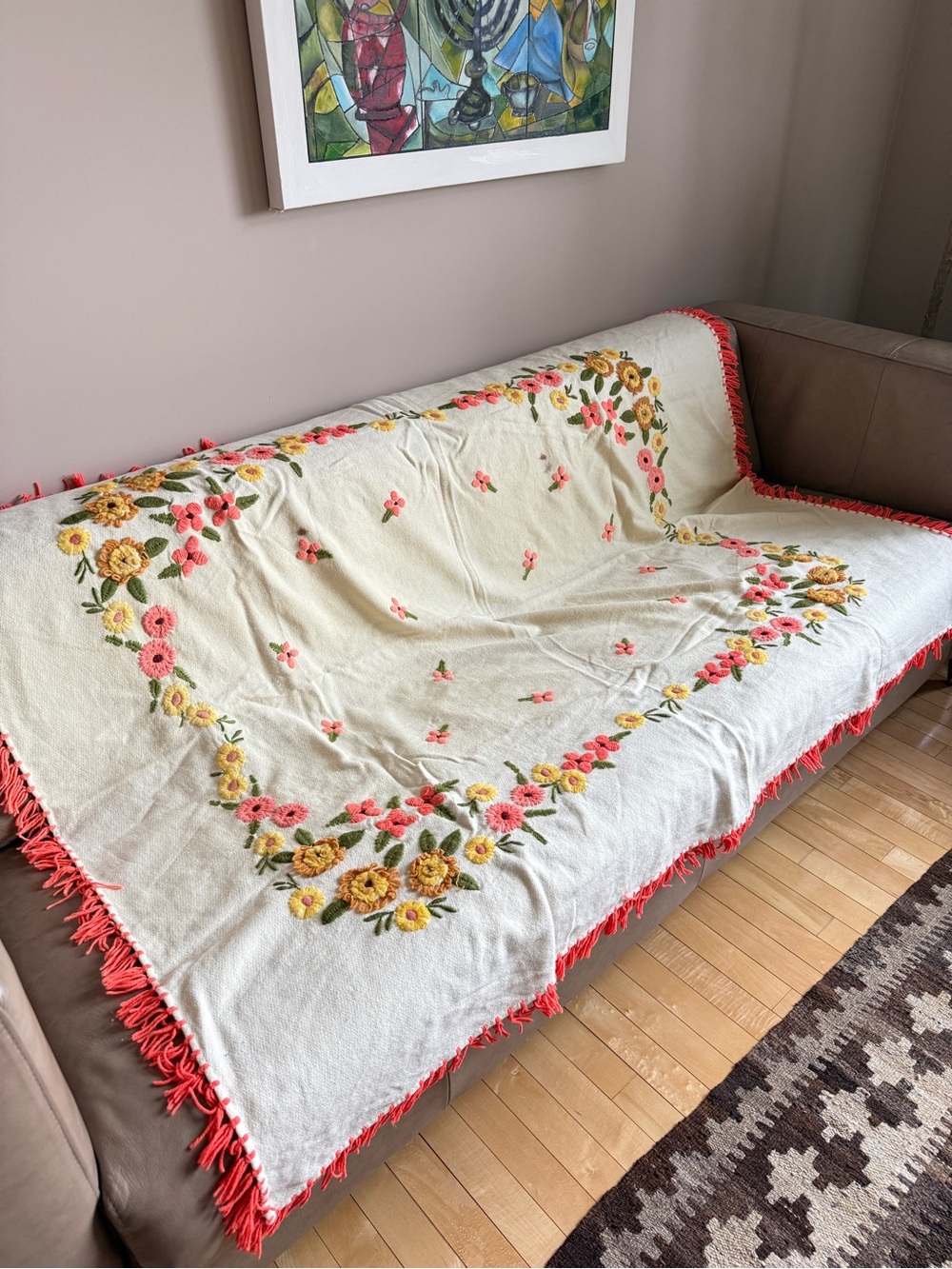 Vintage Floral Embroidered Wool Throw Blanket Cottagecore Fringe Pink Yellow